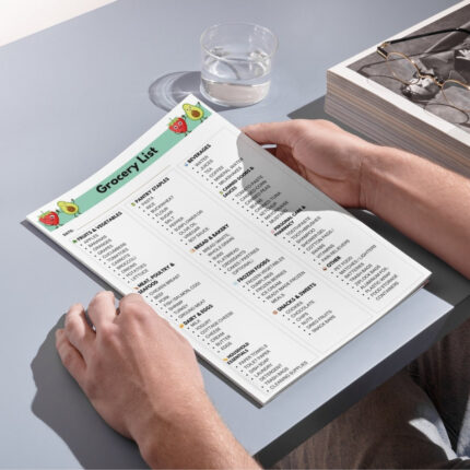 Printable grocery shopping list PDF categorized by food groups – fruits, vegetables, meat, dairy, pantry, and more