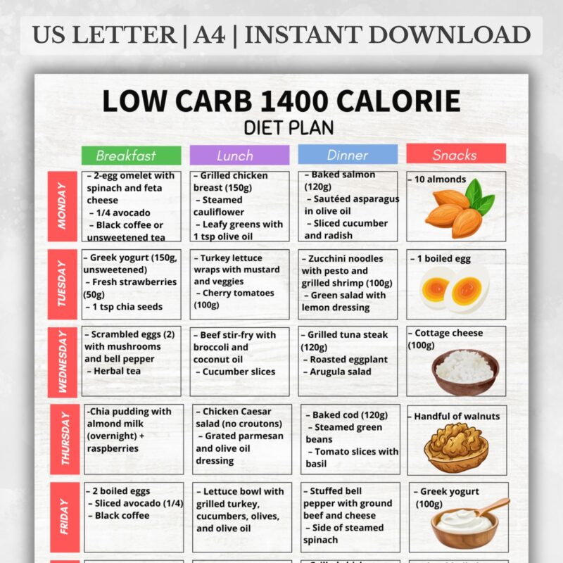 1400 Calorie Low Carb Meal Plan PDF – 7-Day Printable Meal Plan with Breakfast, Lunch, Dinner, Snacks