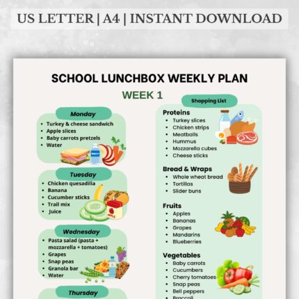 school lunchbox weekly plan week 1 chart