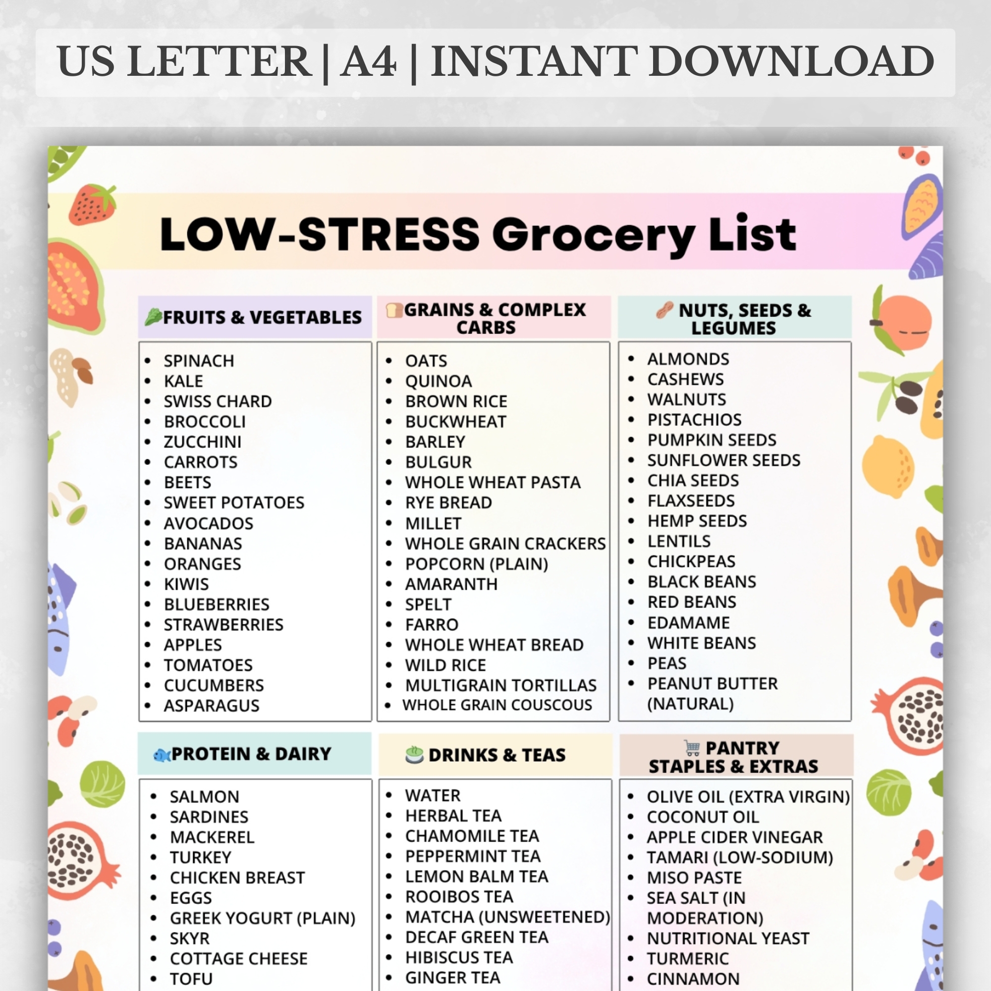 Digital Product – Nothing Will Be Shipped - 2025-07-08T224123.734 Low-Stress Grocery List PDF with foods organized by category – fruits, proteins, grains, drinks, and pantry essentials