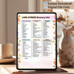 Low-Stress Grocery List PDF with foods organized by category – fruits, proteins, grains, drinks, and pantry essentials