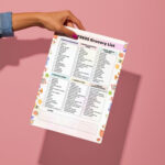 Low-Stress Grocery List PDF with foods organized by category – fruits, proteins, grains, drinks, and pantry essentials