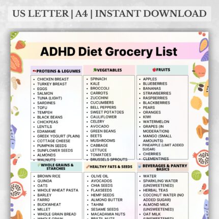 Colorful ADHD Diet Grocery List printable PDF with protein, vegetables, fruits, grains, healthy fats, and beverages.