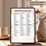 Colorful ADHD Diet Grocery List printable PDF with protein, vegetables, fruits, grains, healthy fats, and beverages.