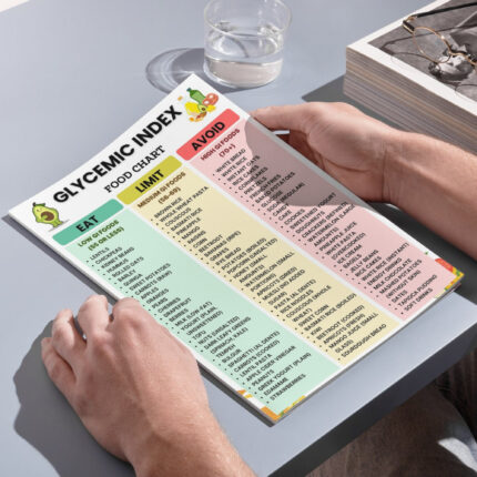 Printable Glycemic Index food chart showing low, medium, and high GI foods categorized in columns, including lentils, oats, bananas, and white bread.