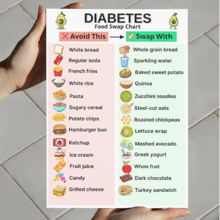 Diabetes Food Swap Chart showing healthy alternatives for diabetics — swap white bread, soda, and candy with whole grains, sparkling water, and dark chocolate