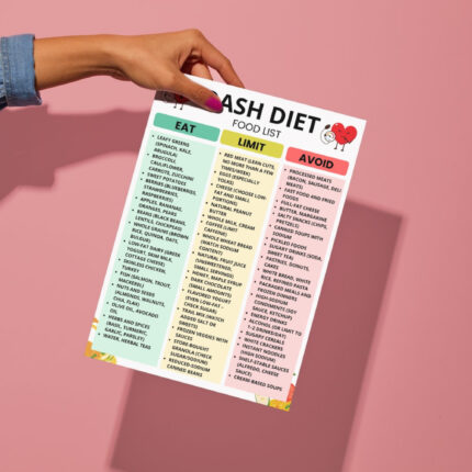 DASH Diet food list with Eat, Limit, and Avoid columns for blood pressure and heart health.