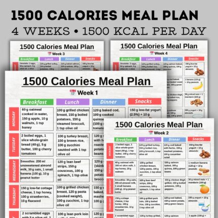 1500 Calories Meal Plan 4 Weeks with daily breakfast lunch dinner and snacks, printable diet chart in A4 and US Letter.
