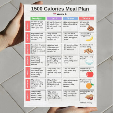 1500 Calories Meal Plan 4 Weeks with daily breakfast lunch dinner and snacks, printable diet chart in A4 and US Letter.