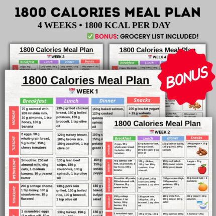 1800 Calorie Meal Plan 4 Weeks With Grocery List – Balanced Weekly Breakfast Lunch Dinner Snack Planner