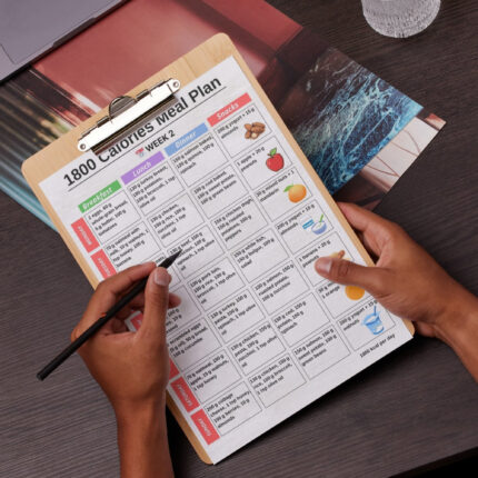 1800 calorie meal plan with 4 weeks of daily menus and bonus grocery list for breakfast lunch dinner snacks printable A4 US Letter