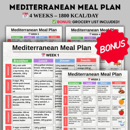 Mediterranean meal plan weekly chart with breakfast lunch dinner snacks and grocery list printable A4 US Letter
