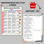 Mediterranean meal plan weekly chart with breakfast lunch dinner snacks and grocery list printable A4 US Letter