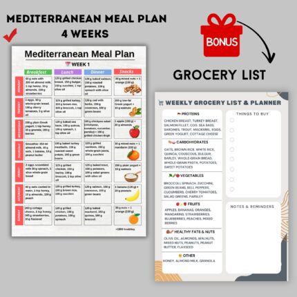 Mediterranean meal plan weekly chart with breakfast lunch dinner snacks and grocery list printable A4 US Letter