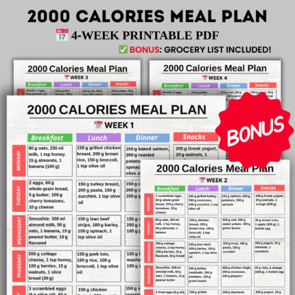 2000 Calorie Meal Plan 4 Weeks With Breakfast Lunch Dinner Snacks And Grocery List Printable A4 And US Letter