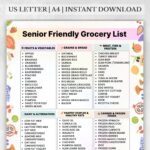 Senior Friendly Grocery List with fruits, vegetables, grains, dairy, pantry staples, meat, fish, and frozen food categories in A4 and US Letter sizes.