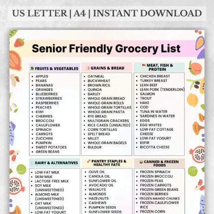 Senior Friendly Grocery List with fruits, vegetables, grains, dairy, pantry staples, meat, fish, and frozen food categories in A4 and US Letter sizes.