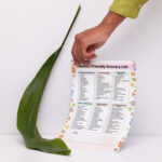 Senior Friendly Grocery List with fruits, vegetables, grains, dairy, pantry staples, meat, fish, and frozen food categories in A4 and US Letter sizes.