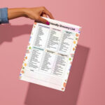 Senior Friendly Grocery List with fruits, vegetables, grains, dairy, pantry staples, meat, fish, and frozen food categories in A4 and US Letter sizes.