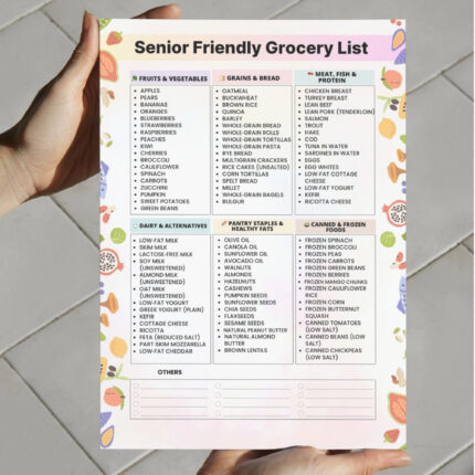 Senior Friendly Grocery List with fruits, vegetables, grains, dairy, pantry staples, meat, fish, and frozen food categories in A4 and US Letter sizes.