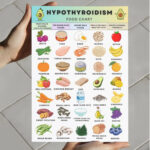 Hypothyroidism food chart with vegetables, fruits, iodine-rich foods, selenium-rich foods, grains, and healthy fats, designed for thyroid-friendly diets.