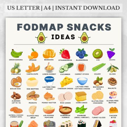FODMAP snack ideas chart with low FODMAP snacks including fruits, vegetables, nuts, rice cakes, lactose‑free yogurt, turkey slices, chia pudding, and more for IBS and digestive health.