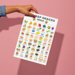 FODMAP snack ideas chart with low FODMAP snacks including fruits, vegetables, nuts, rice cakes, lactose‑free yogurt, turkey slices, chia pudding, and more for IBS and digestive health.