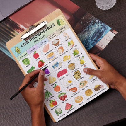 Low Phosphorus Food List – printable chart with kidney-friendly foods for CKD diet, includes vegetables, fruits, proteins, and extras