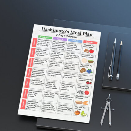 7-Day Hashimoto’s Meal Plan – 1500 calorie printable chart with thyroid-friendly meals: breakfast, lunch, dinner, and snacks