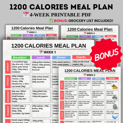 1200 Calorie Meal Plan – 4-week printable diet chart with meals and snacks + grocery list (A4 & US Letter)