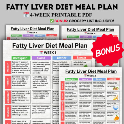 fatty liver meal plan, liver friendly foods, 4 week meal plan, printable diet chart, low fat liver diet, healthy liver meals, grocery list included, liver diet planner, clean eating chart, liver safe meals