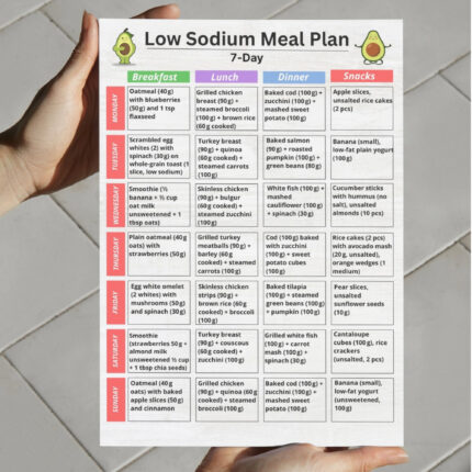 7‑Day Low Sodium Meal Plan – printable low salt diet chart with breakfasts, lunches, dinners, and snacks for heart health, hypertension, and kidney disease
