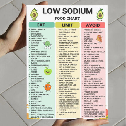 Low Sodium Food Chart – eat, limit, and avoid guide for a low salt diet, printable sodium intake chart