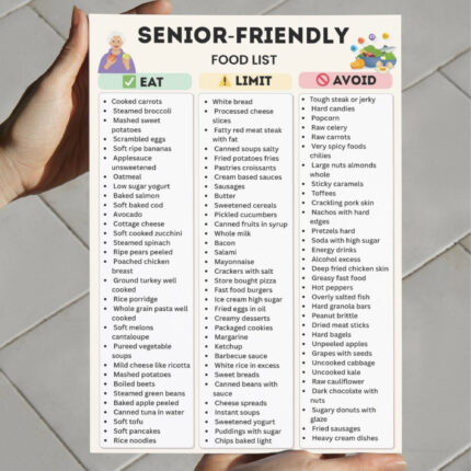 Senior-Friendly Food List with three sections: Eat, Limit, and Avoid. Includes recommended foods like cooked carrots, steamed broccoli, oatmeal, baked salmon; foods to limit like white bread, canned soups, fried potatoes; and foods to avoid like tough steak, hard candies, raw celery, and very spicy foods.