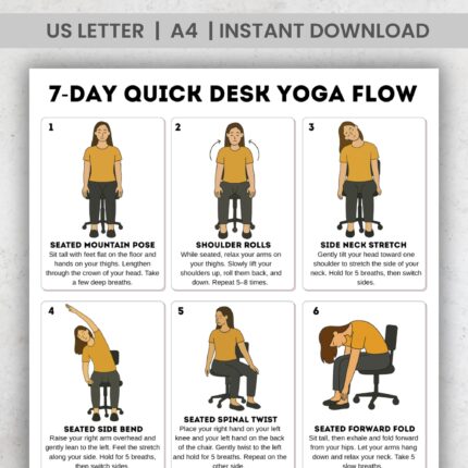 7 Day Quick Desk Yoga Flow chart with seated office yoga stretches for neck, back and shoulders, printable in A4 and US Letter