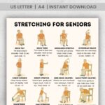 Printable stretching chart for seniors showing 18 illustrated stretches for flexibility and mobility support.