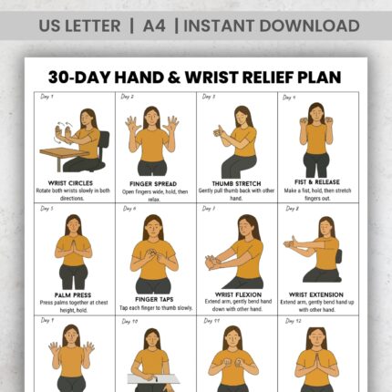 30 Day Hand And Wrist Relief Plan with daily finger stretches, wrist flexion, wrist extension, thumb circles, and relaxation exercises printable chart