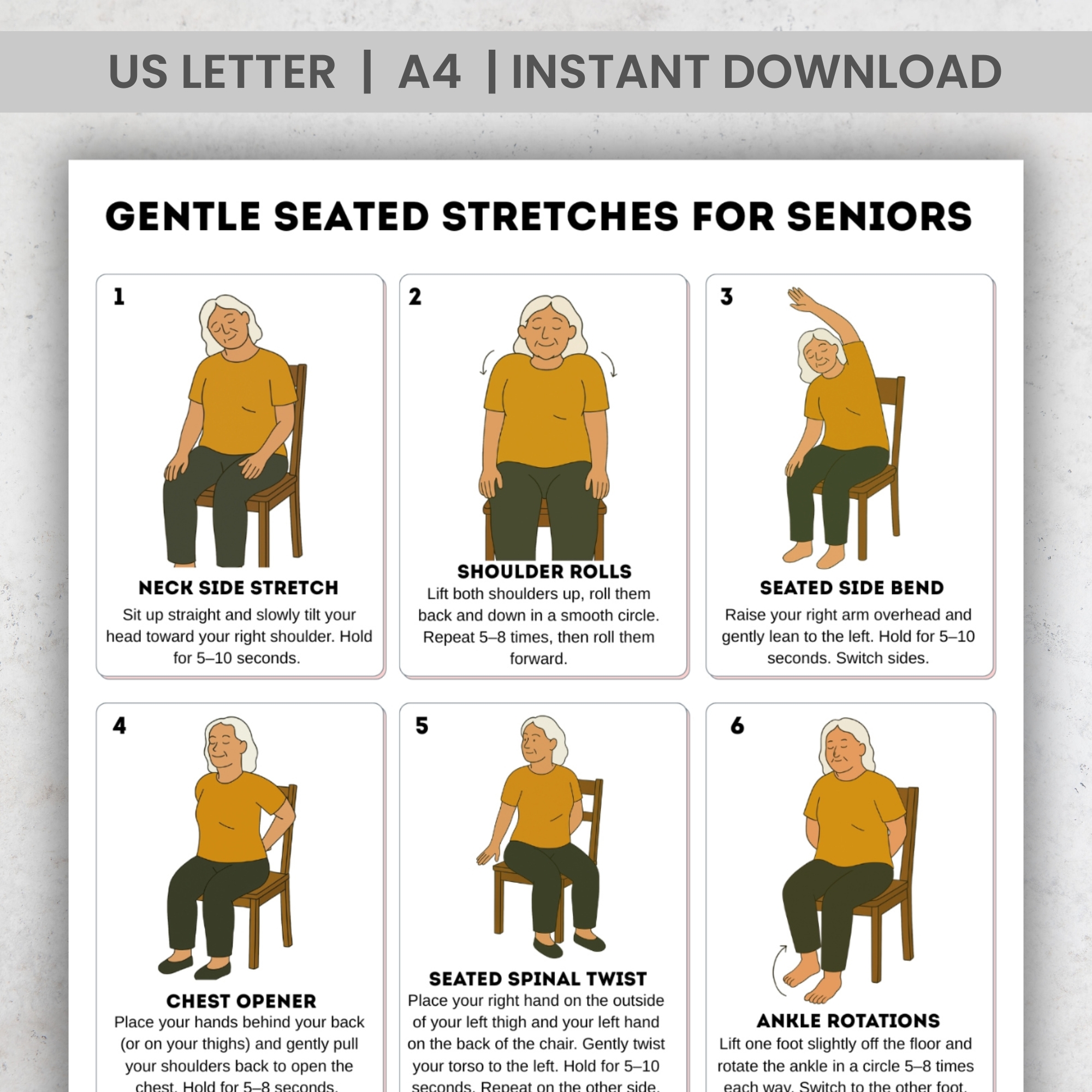 ✅ How to Download Gentle seated stretches for seniors including neck side stretch, shoulder rolls, seated side bend, chest opener, spinal twist, ankle rotations, hamstring stretch, wrist circles, and finger spread exercises.