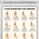 Illustrated chart showing 16 seated chair exercises for seniors to improve mobility, balance, strength, and flexibility.