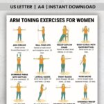 Arm toning exercises for women chart with 16 illustrated home workout moves including wall push‑ups, tricep dips, bicep curls, lateral raises, front raises, and more.