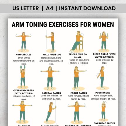 Arm toning exercises for women chart with 16 illustrated home workout moves including wall push‑ups, tricep dips, bicep curls, lateral raises, front raises, and more.