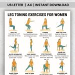 Illustrated chart of 18 leg toning exercises for women including wall sit, squats, lunges, glute kickbacks, side leg lifts, seated knee lifts, and more – printable A4 and US Letter.