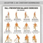 Fall-prevention balance exercises chart for seniors with 16 illustrated stability and mobility movements