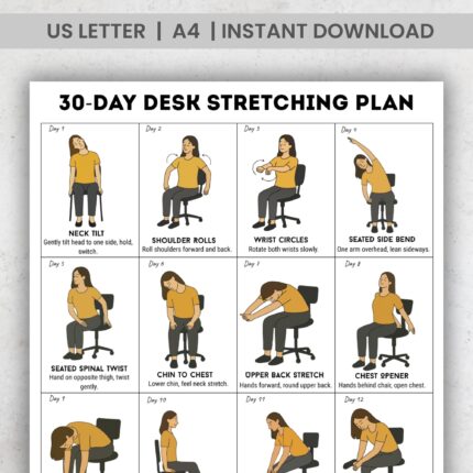 30-Day Desk Stretching Plan with daily seated stretches and standing stretches including neck tilt, shoulder rolls, wrist circles, spinal twist, hamstring stretch, ankle rolls, triceps stretch and more
