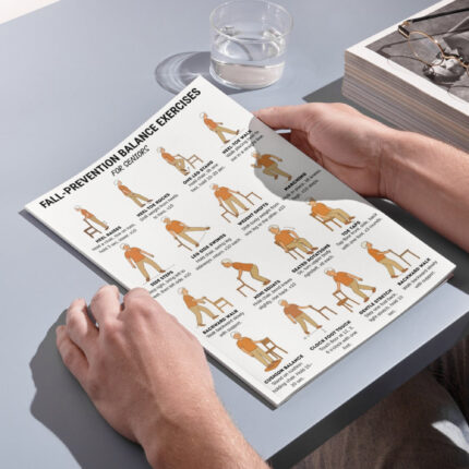 Fall-prevention balance exercises chart for seniors with 16 illustrated stability and mobility movements