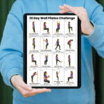 30 Day Wall Pilates Challenge with illustrated daily wall exercises including wall roll down, wall sit hold, wall arm slides, wall leg lifts, wall heel raises, and wall spine stretches, printable workout plan in A4 and US Letter sizes.