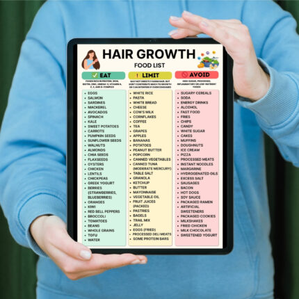 Hair Growth Food List – printable eat/limit/avoid chart with biotin-rich foods for strong, healthy hair