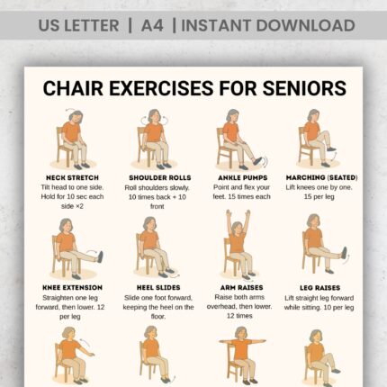Illustrated chart showing 16 seated chair exercises for seniors to improve mobility, balance, strength, and flexibility.