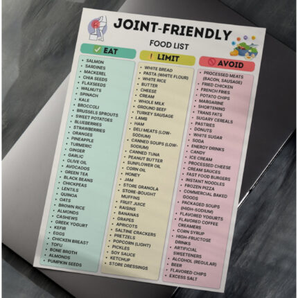Joint‑Friendly Food List – printable chart with eat, limit, and avoid sections for arthritis diet and anti‑inflammatory foods