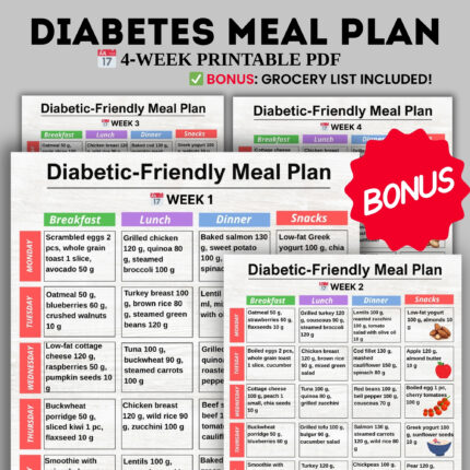 4-Week Diabetic Meal Plan with Grocery List – Balanced Breakfast, Lunch, Dinner & Snack Chart (PDF Printable)